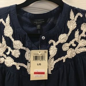 NWT Lucky Brand Navy Embroidered Button-Up Blouse